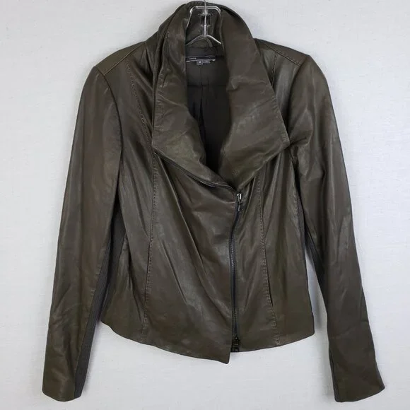 VINCE Leather Scuba Jacket Biker Lustrous Asymmetrical Minimalist Taupe Gray M